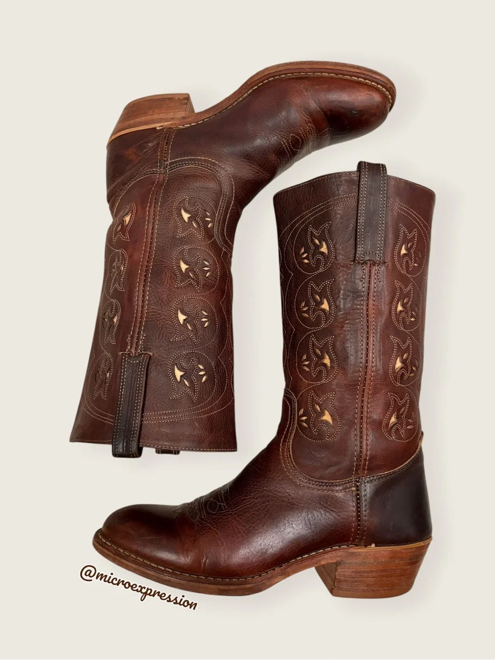 VINTAGE 1980s Frye Austin Brown Leather Floral Embroidered Southern Cowboy Boot